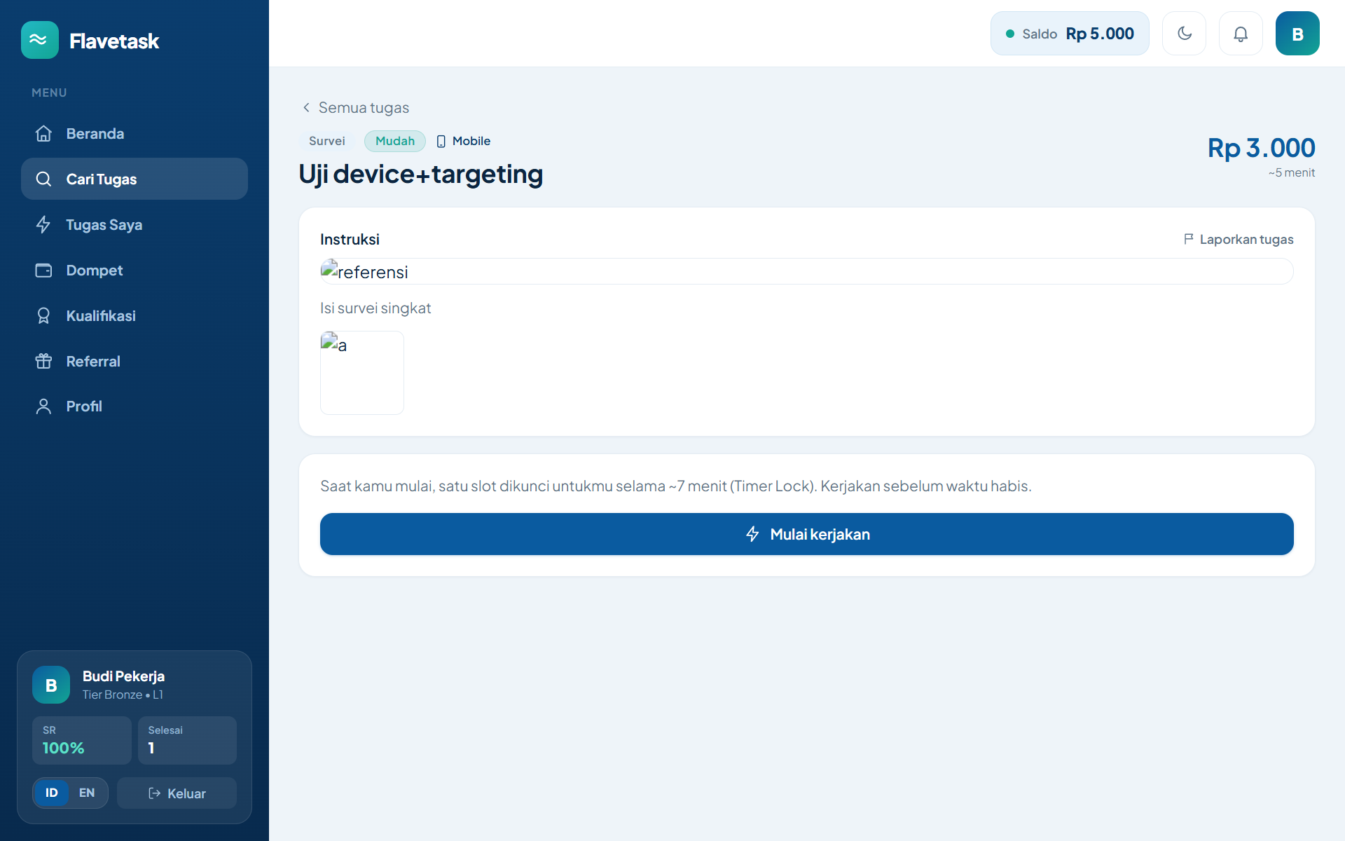 Detail tugas dengan Timer-Lock dan form bukti
